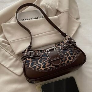 Leopard Schultertasche mit Leder Details & Schnalle