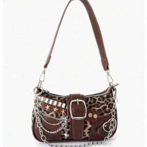 Leopard Schultertasche mit Schnalle, Ketten & Nieten Details